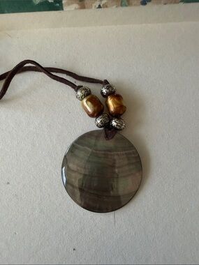 Brown Mother-of-Pearl Disc Pendant Necklace with Bead Accents